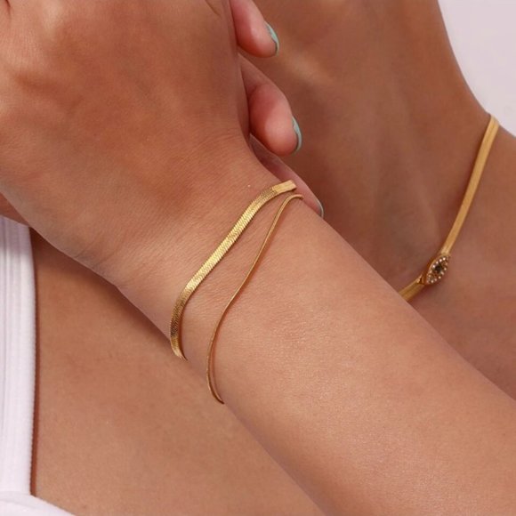 Jewelry - NEW 3MM HERRINGBONE 18K GOLD SNAKE CHAIN DOUBLE LAYER BRACELET